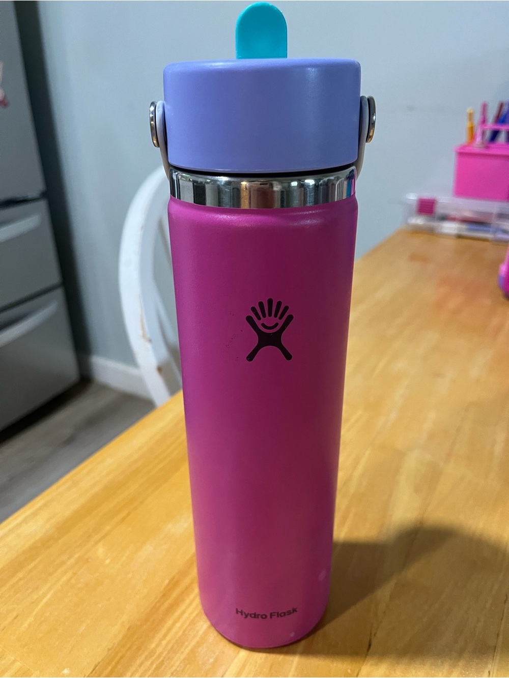 Hydro Flask Magenta Body with Lavender Lid and Teal Flip Water Bottle
